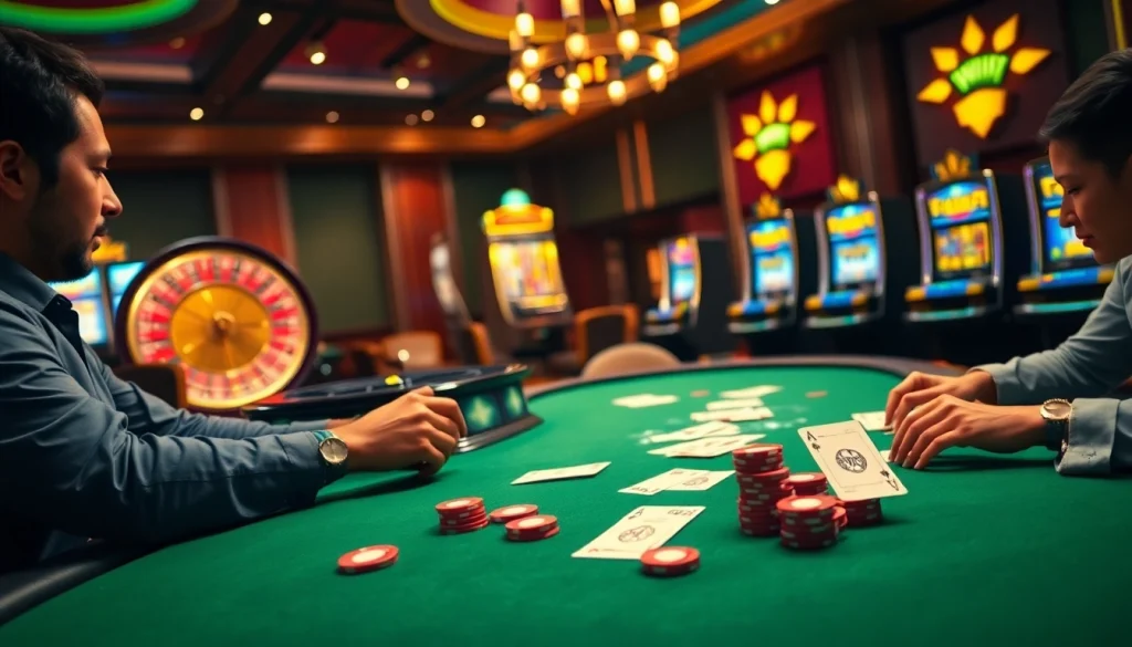 Experience the vibrant thrill of gambling at https://hello88.directory/, showcasing players around a poker table.